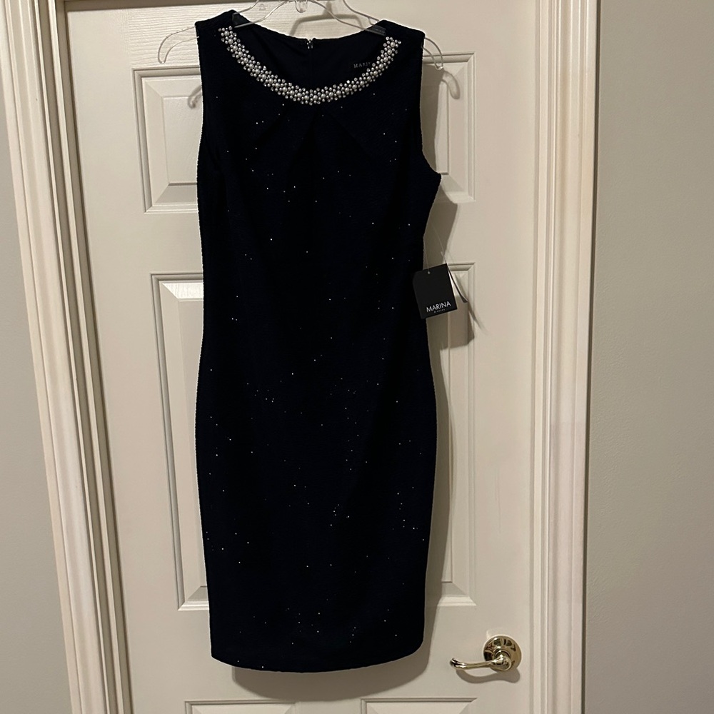 Marina Navy Dress with Pearl Embellished Neckline